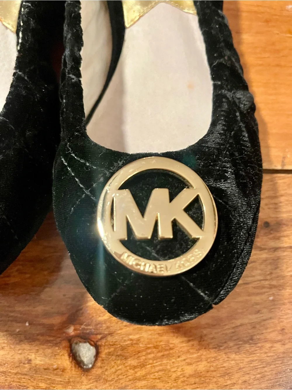Michael Kors Black Velvet Ballet Flats with Gold MK Emblems Sz 7M